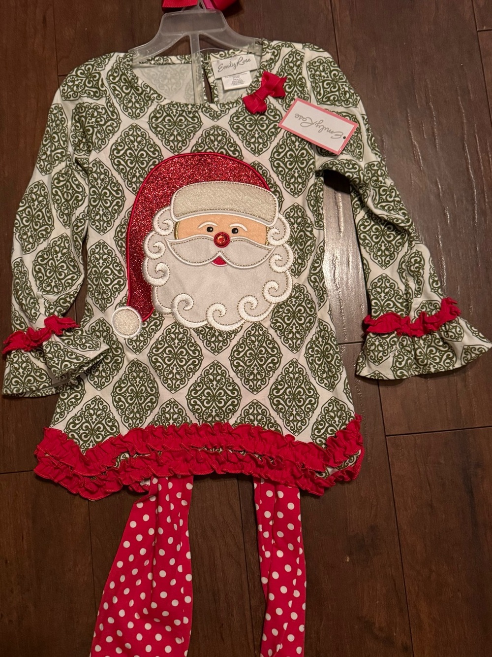 Emily Rose Boutique Green and Red Santa Applique Dress with Polka Dot Leggings